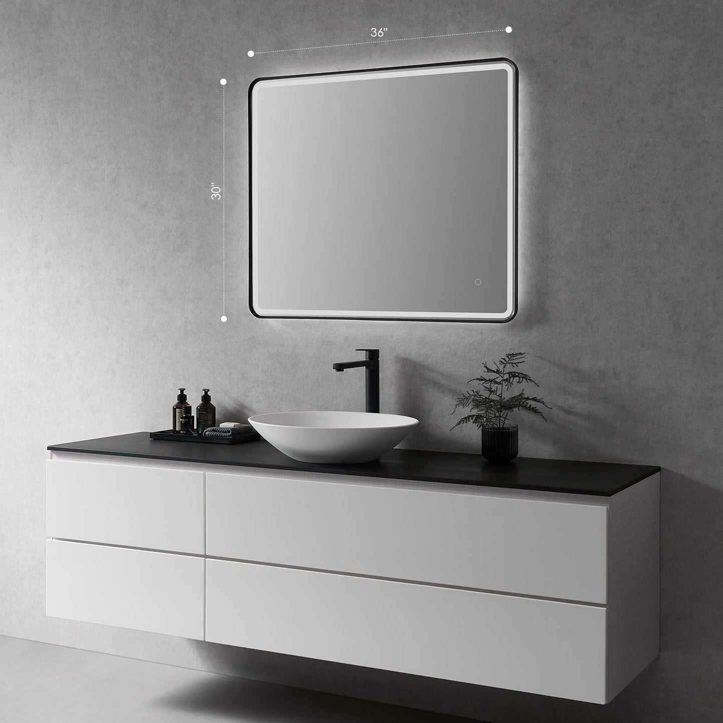 Viaggi Rectangle 36" Framed in Matt Black Modern Bathroom/Vanity LED Lighted Wall Mirror