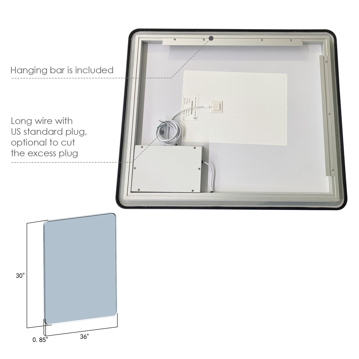 Viaggi Rectangle 36" Framed in Matt Black Modern Bathroom/Vanity LED Lighted Wall Mirror