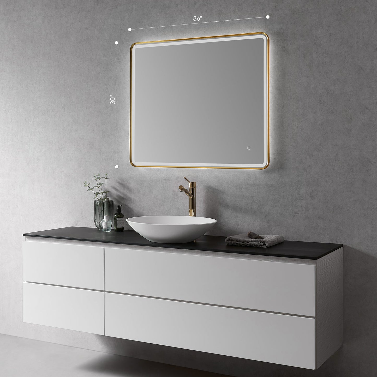Viaggi Rectangle 36" Framed in Brushed Gold Modern Bathroom/Vanity LED Lighted Wall Mirror