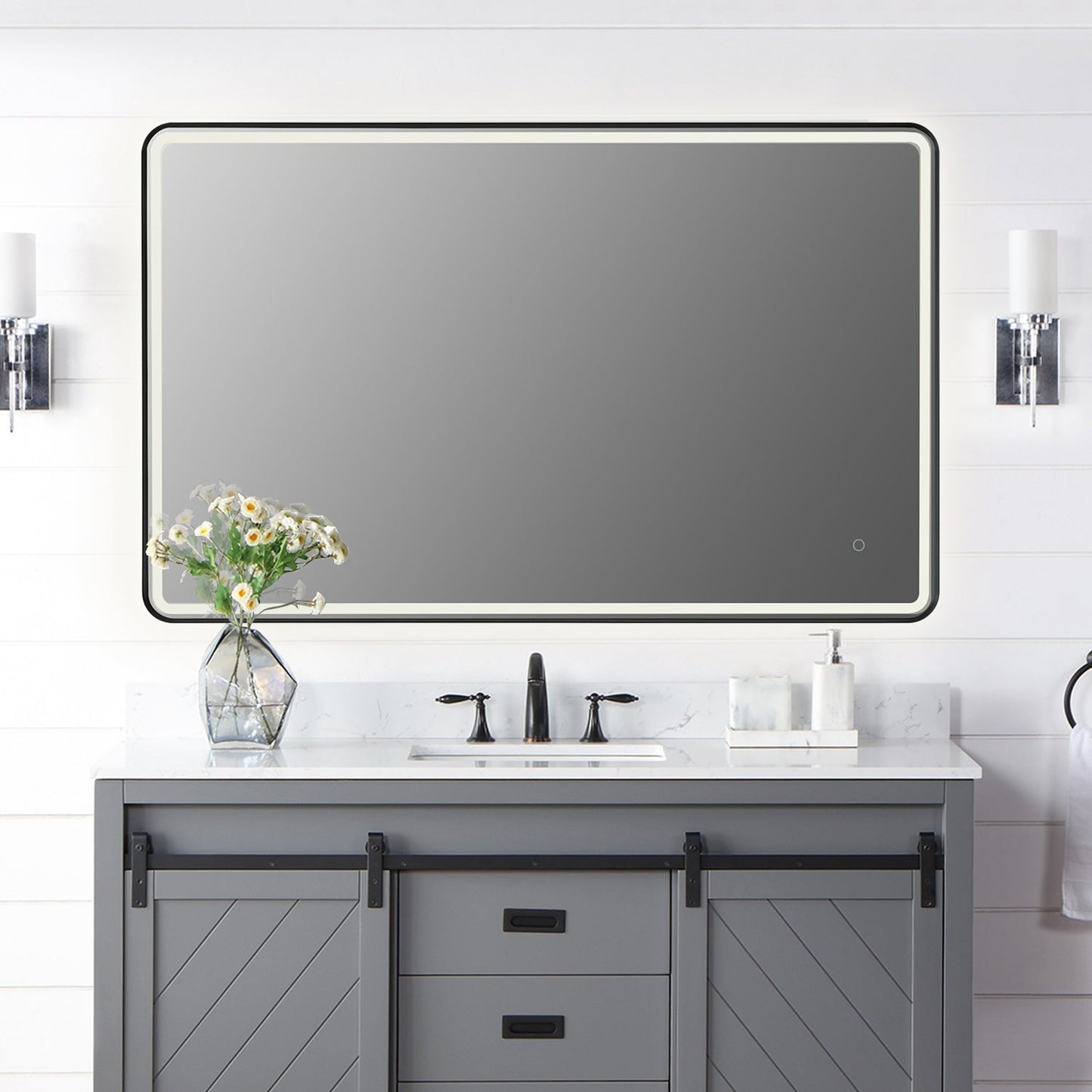 Viaggi Rectangle 48" Framed in Matt Black Modern Bathroom/Vanity LED Lighted Wall Mirror