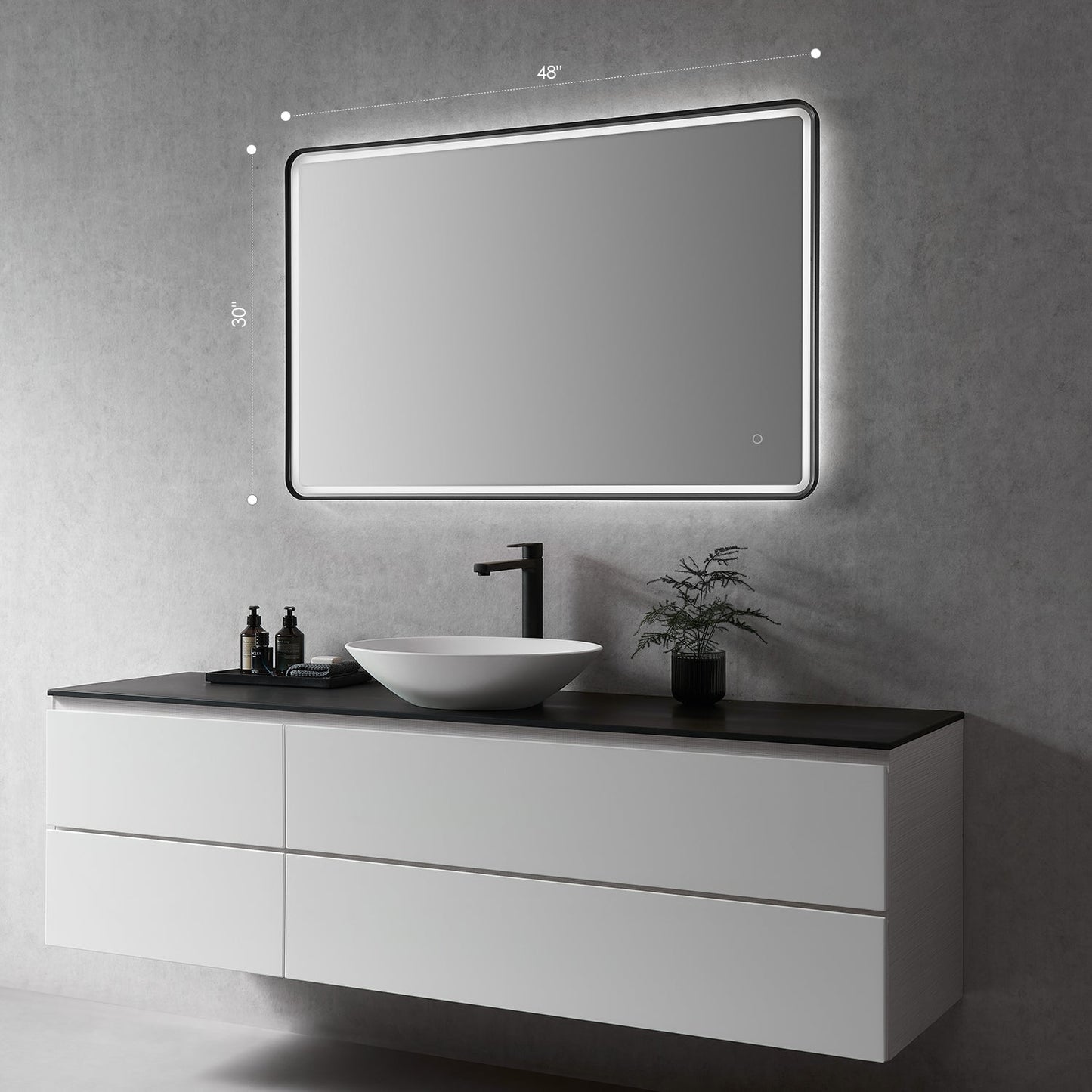 Viaggi Rectangle 48" Framed in Matt Black Modern Bathroom/Vanity LED Lighted Wall Mirror