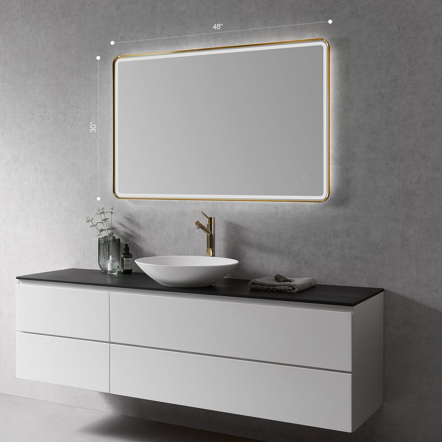 Viaggi Rectangle 48" Framed in Brushed Gold Modern Bathroom/Vanity LED Lighted Wall Mirror