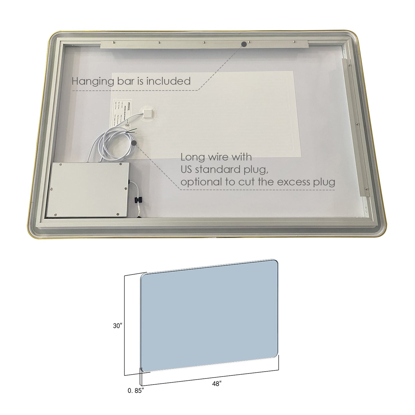 Viaggi Rectangle 48" Framed in Brushed Gold Modern Bathroom/Vanity LED Lighted Wall Mirror