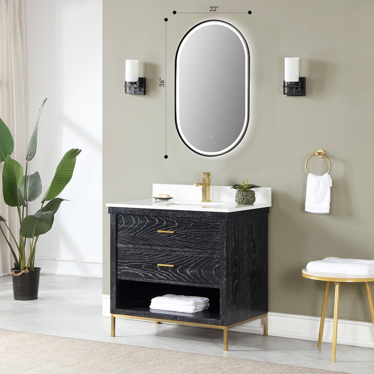 Oleggio Oval
 36" Framed in Matt Black Modern Bathroom/Vanity LED Lighted Wall Mirror