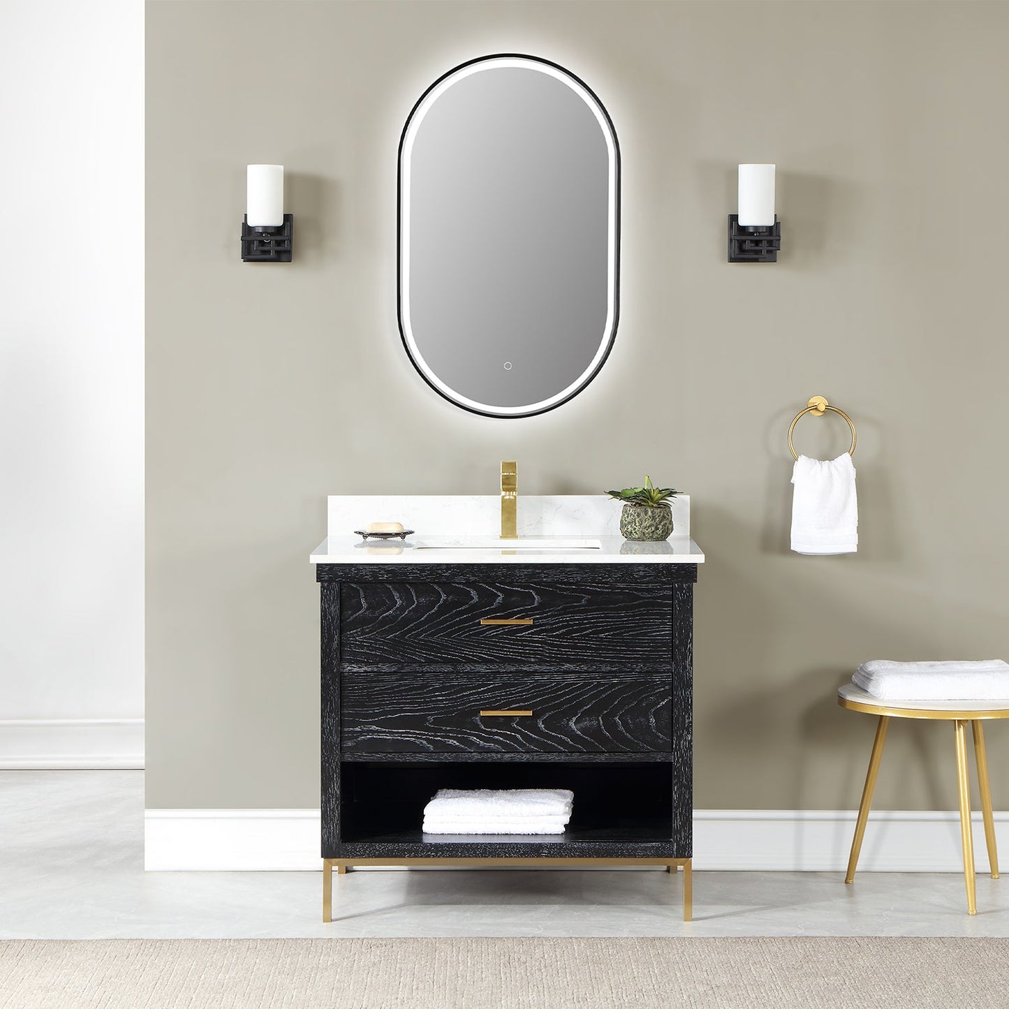 Oleggio Oval
 36" Framed in Matt Black Modern Bathroom/Vanity LED Lighted Wall Mirror