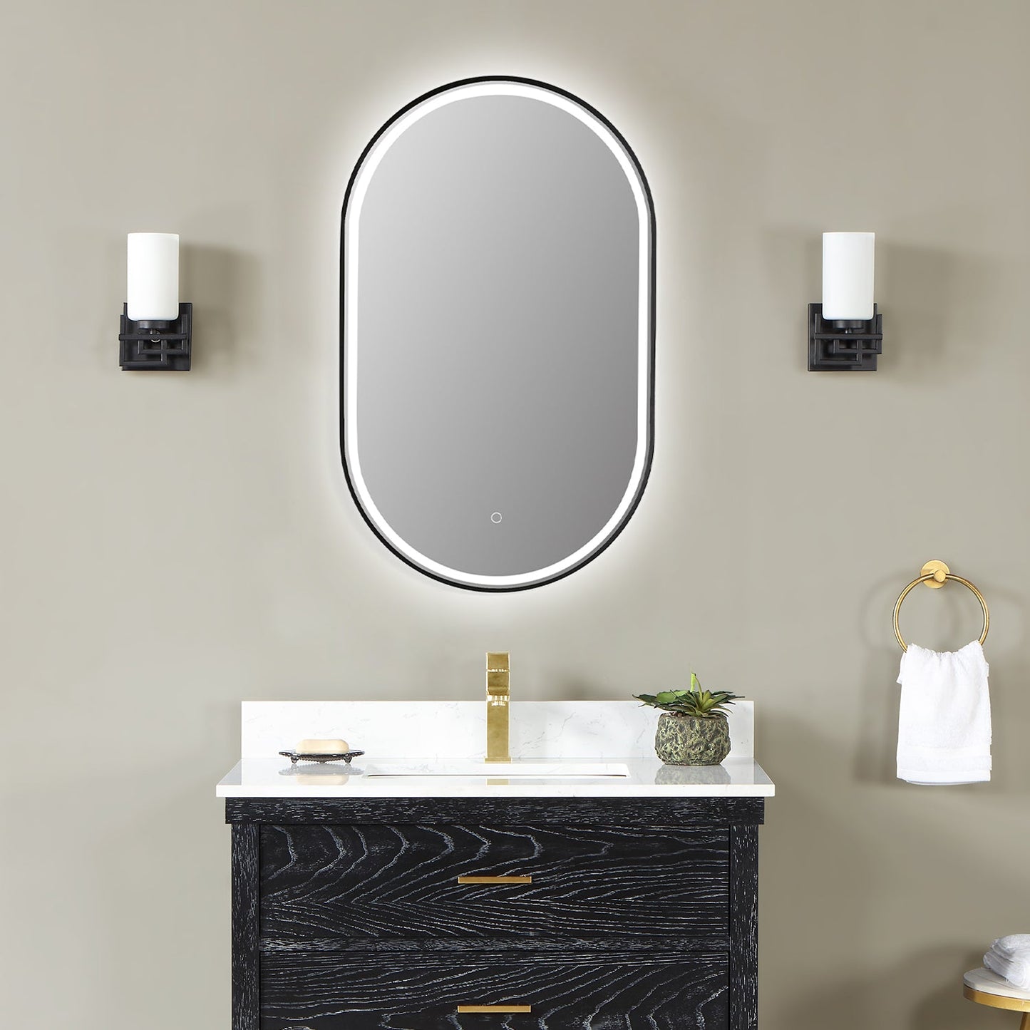 Oleggio Oval
 36" Framed in Matt Black Modern Bathroom/Vanity LED Lighted Wall Mirror