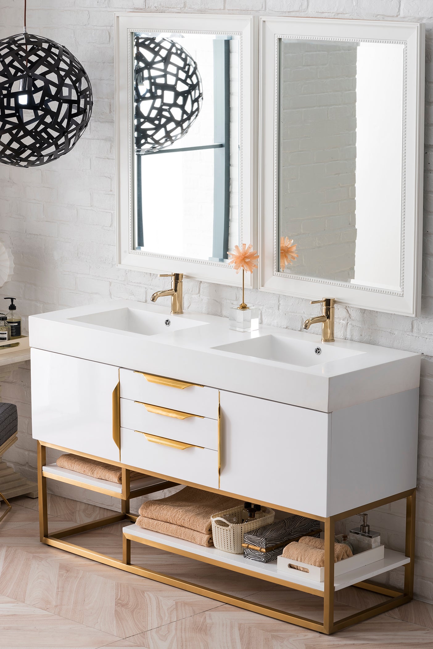 Columbia 59" Double Vanity, Glossy White, Radiant Gold w/ Glossy White Composite Stone Top