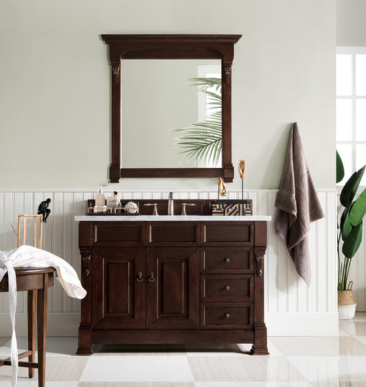 Brookfield 48" Single Vanity, Burnished Mahogany w/ 3 CM Carrara Marble Top