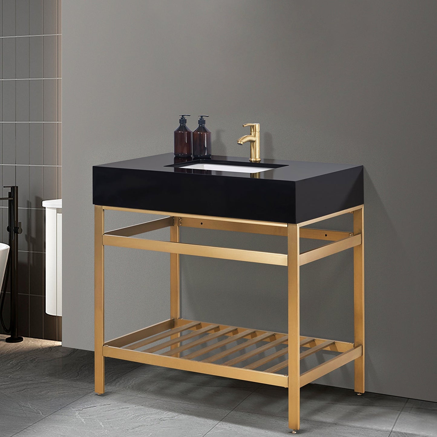 Nauders 36" Single Stainless Steel Vanity Console in Brushed Gold with Imperial Black Stone Countertop without Mirror