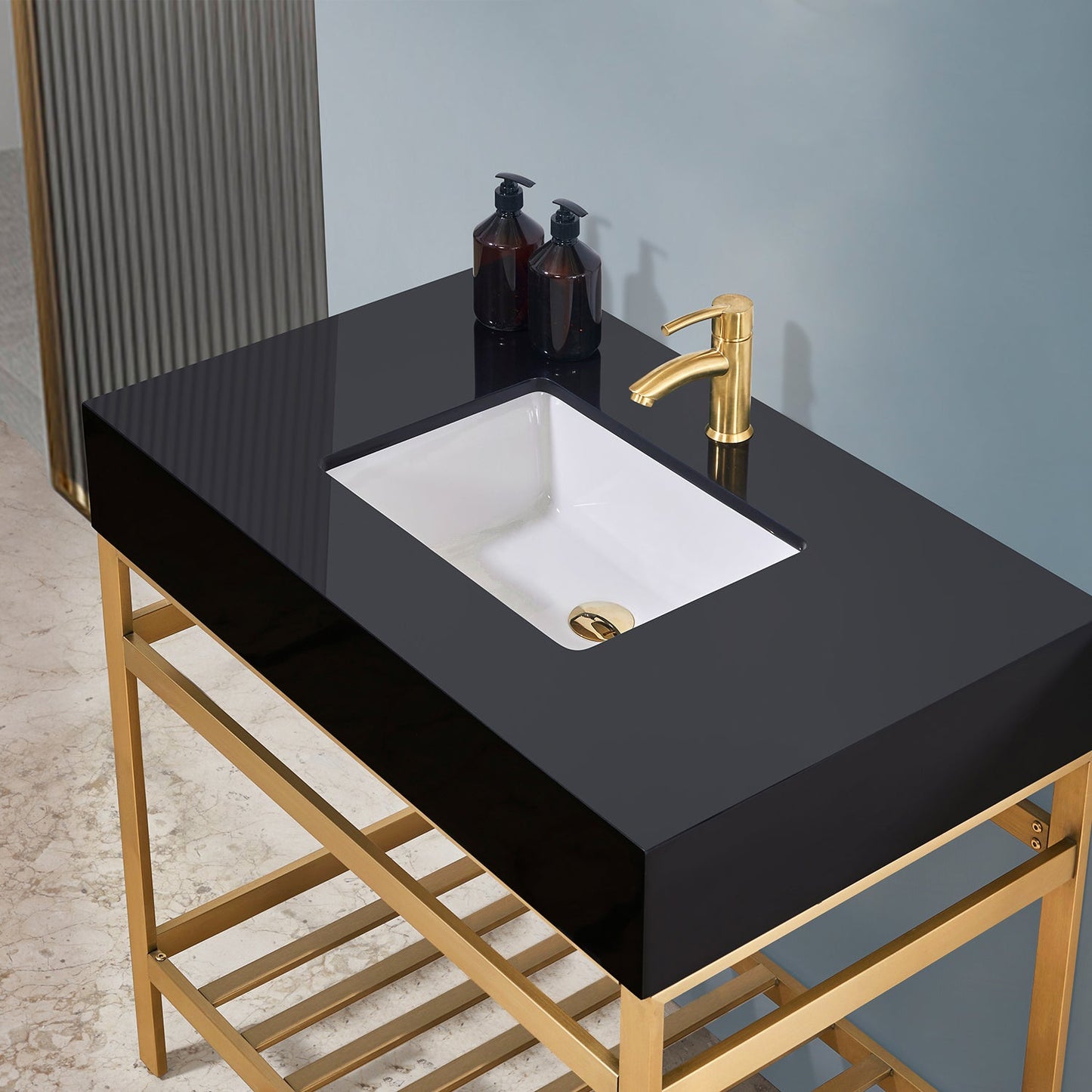 Nauders 36" Single Stainless Steel Vanity Console in Brushed Gold with Imperial Black Stone Countertop without Mirror