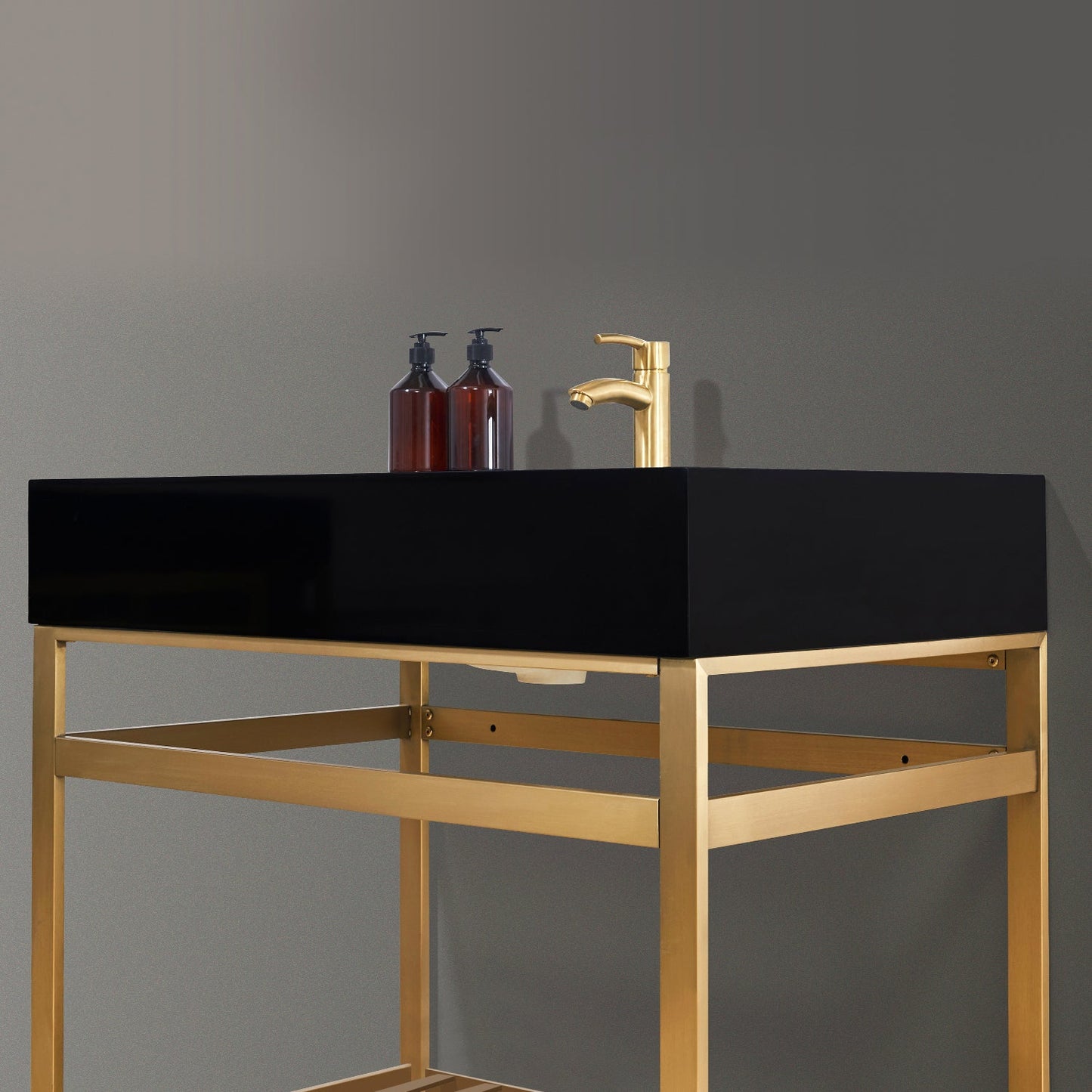 Nauders 36" Single Stainless Steel Vanity Console in Brushed Gold with Imperial Black Stone Countertop without Mirror