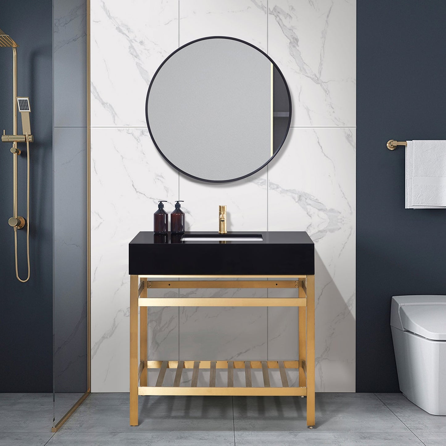 Nauders 36" Single Stainless Steel Vanity Console in Brushed Gold with Imperial Black Stone Countertop and Mirror