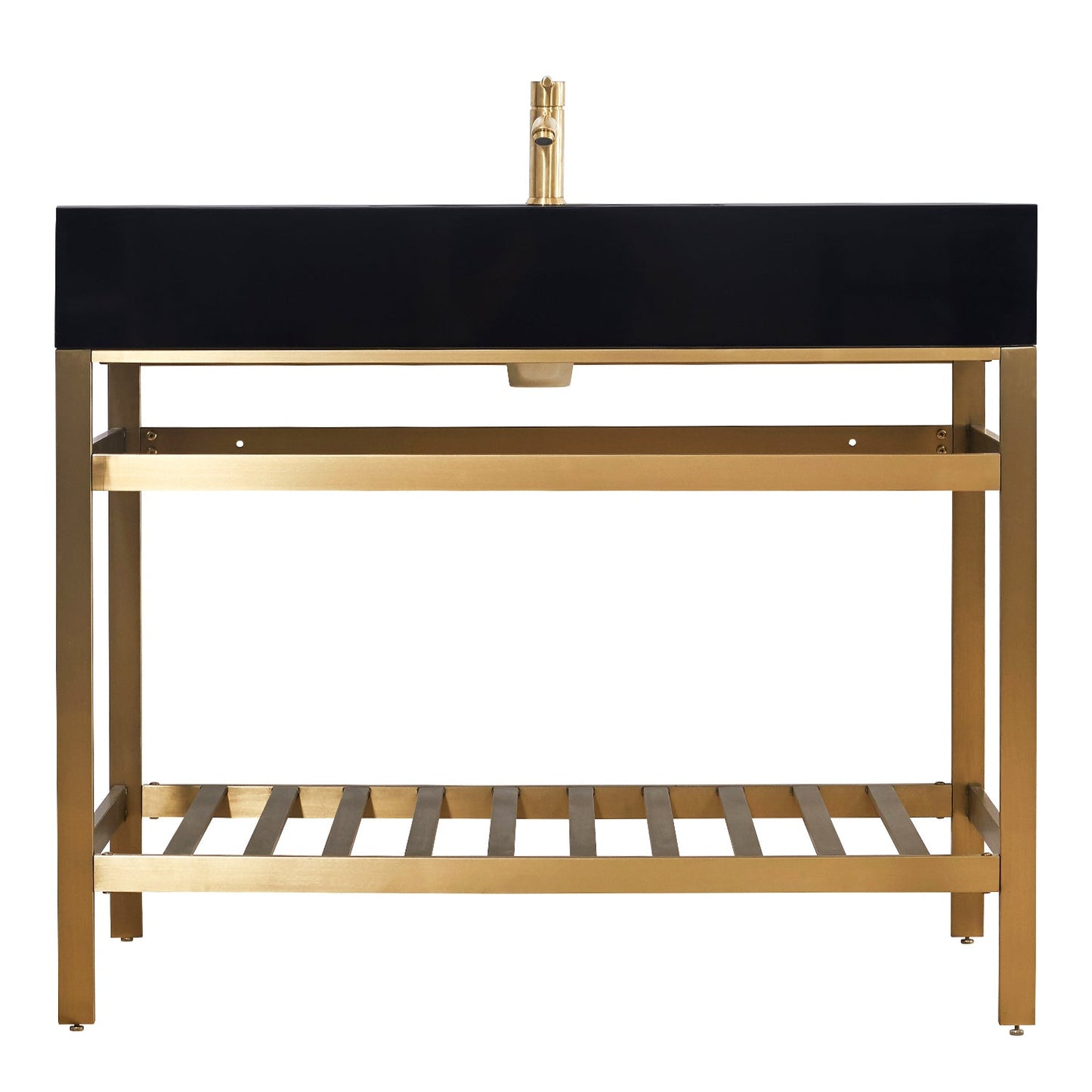 Nauders 42" Single Stainless Steel Vanity Console in Brushed Gold with Imperial Black Stone Countertop without Mirror