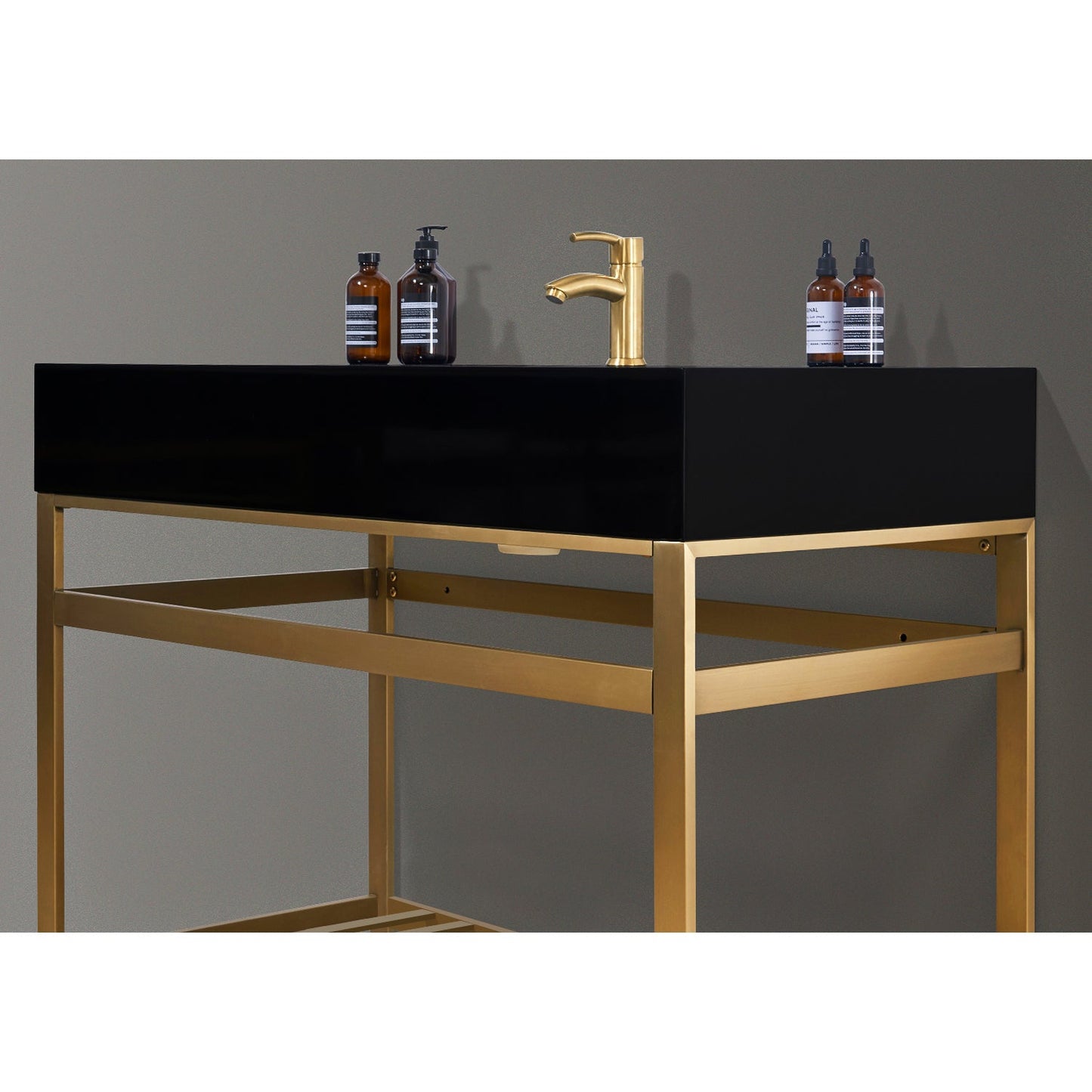 Nauders 42" Single Stainless Steel Vanity Console in Brushed Gold with Imperial Black Stone Countertop without Mirror