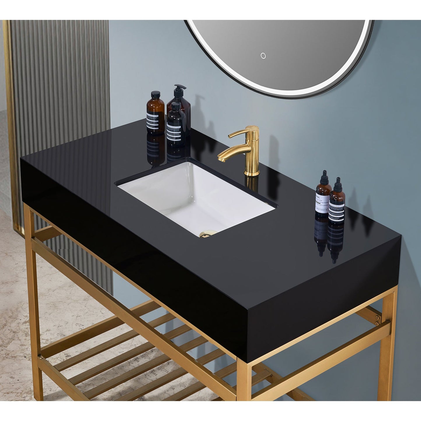 Nauders 42" Single Stainless Steel Vanity Console in Brushed Gold with Imperial Black Stone Countertop and Mirror