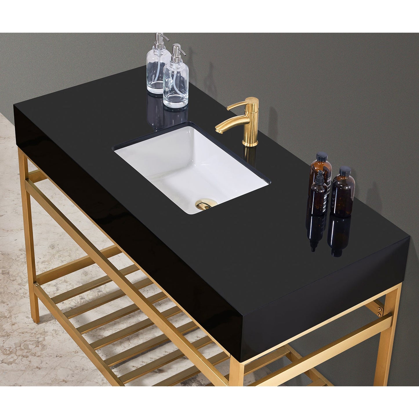 Nauders 48" Single Stainless Steel Vanity Console in Brushed Gold with Imperial Black Stone Countertop without Mirror