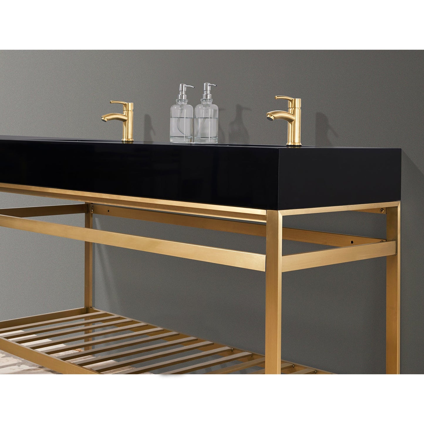 Nauders 60" Double Stainless Steel Vanity Console in Brushed Gold with Imperial Black Stone Countertop without Mirror