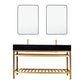 Nauders 60" Double Stainless Steel Vanity Console in Brushed Gold with Imperial Black Stone Countertop and Mirror