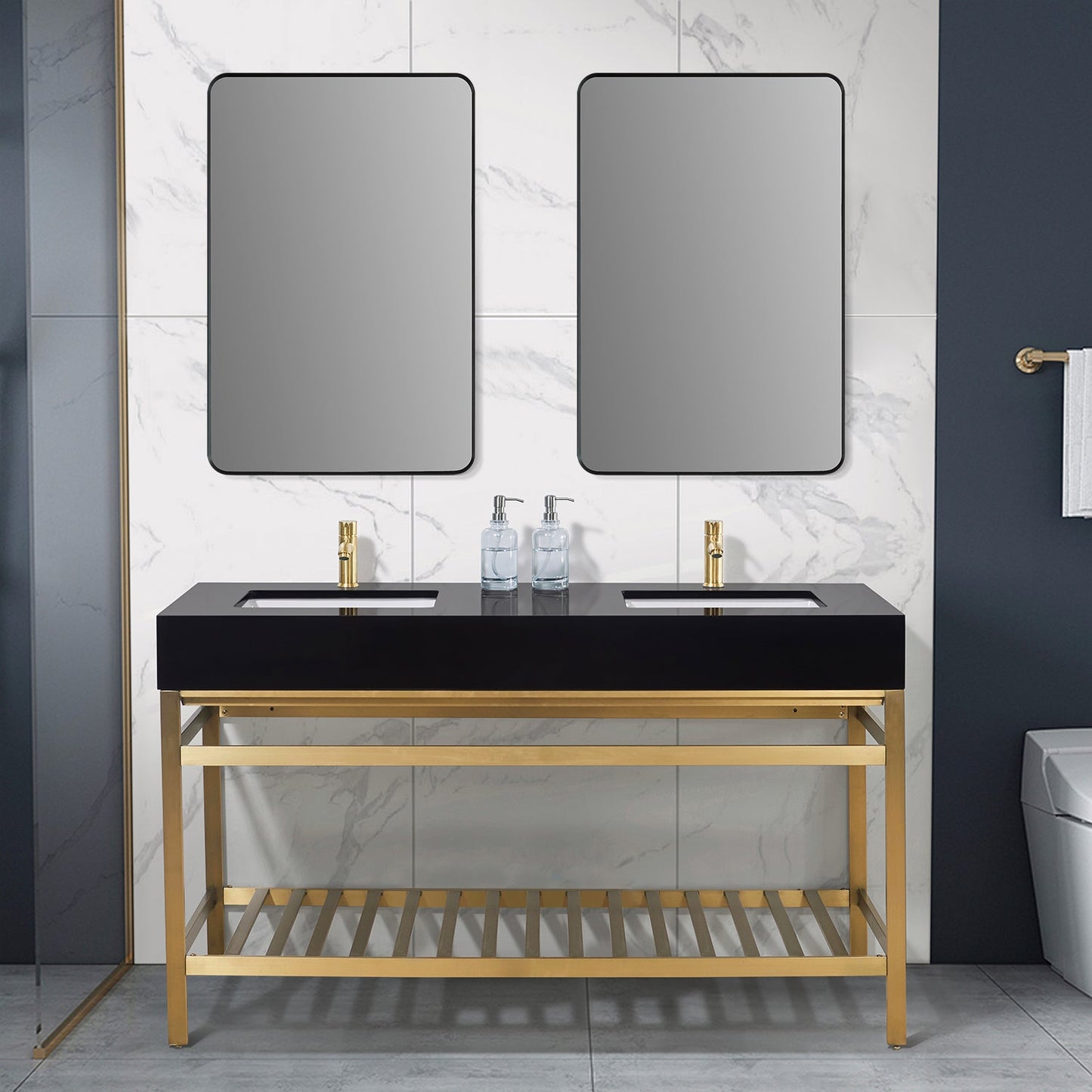Nauders 60" Double Stainless Steel Vanity Console in Brushed Gold with Imperial Black Stone Countertop and Mirror