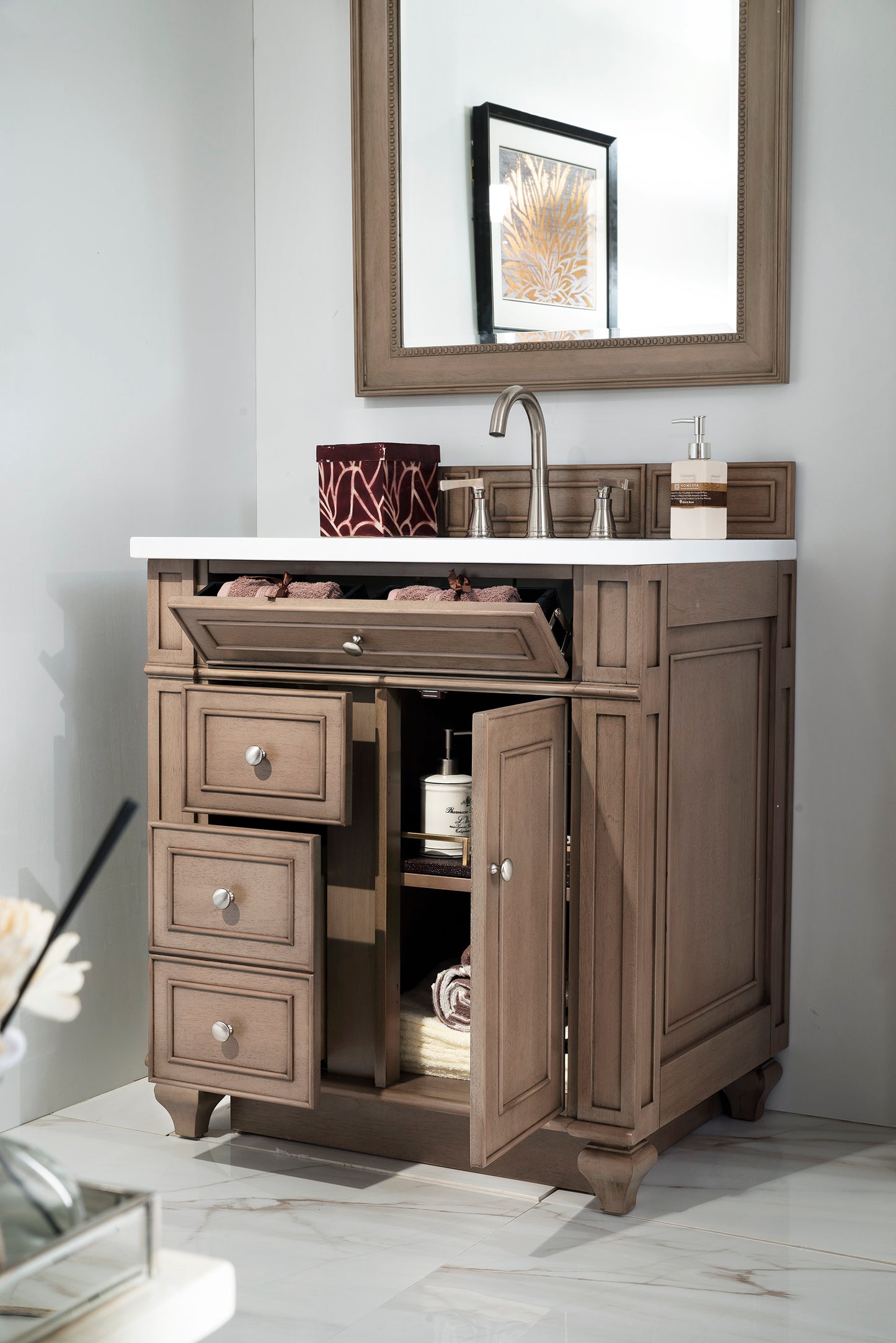 Bristol 30" Single Vanity, Whitewashed Walnut w/ 3 CM White Zeus Quartz Top