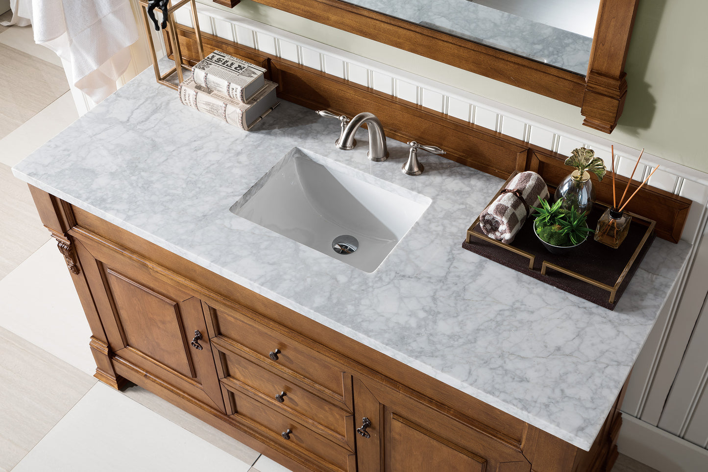 Brookfield 60" Single Vanity, Country Oak w/ 3 CM Carrara Marble Top