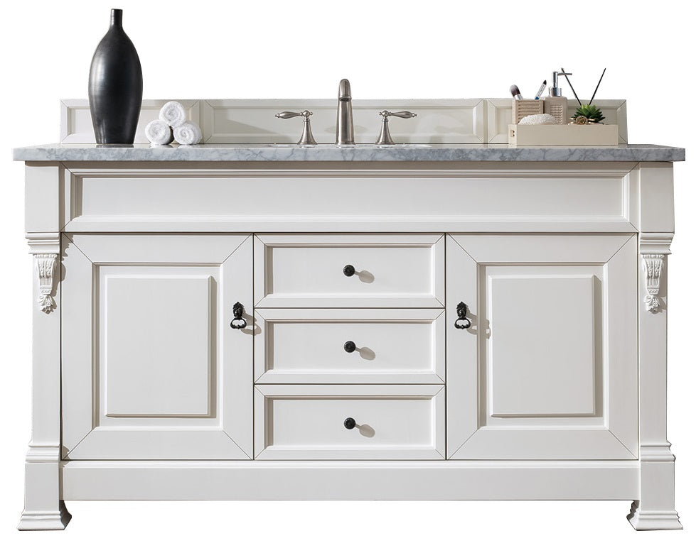 Brookfield 60" Single Vanity, Bright White w/ 3 CM Carrara Marble Top