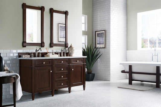 Brittany 60" Double Vanity, Burnished Mahogany w/ 3 CM Carrara Marble Top