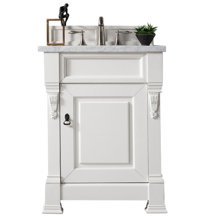 Brookfield 26" Single Vanity, Bright White w/ 3 CM Carrara Marble Top