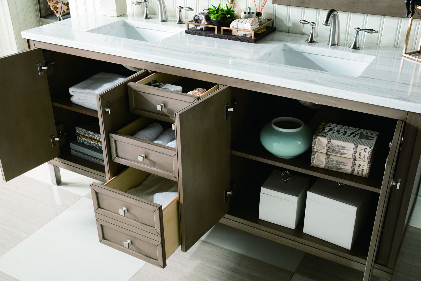 Chicago 72" Double Vanity, Whitewashed Walnut w/ 3 CM Arctic Fall Solid Surface Top