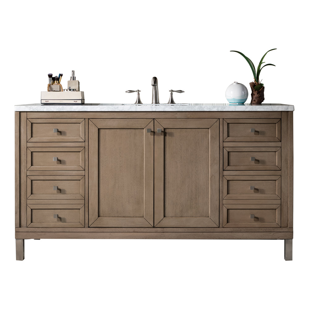 Chicago 60" Single Vanity, Whitewashed Walnut w/ 3 CM Eternal Jasmine Pearl Quartz Top