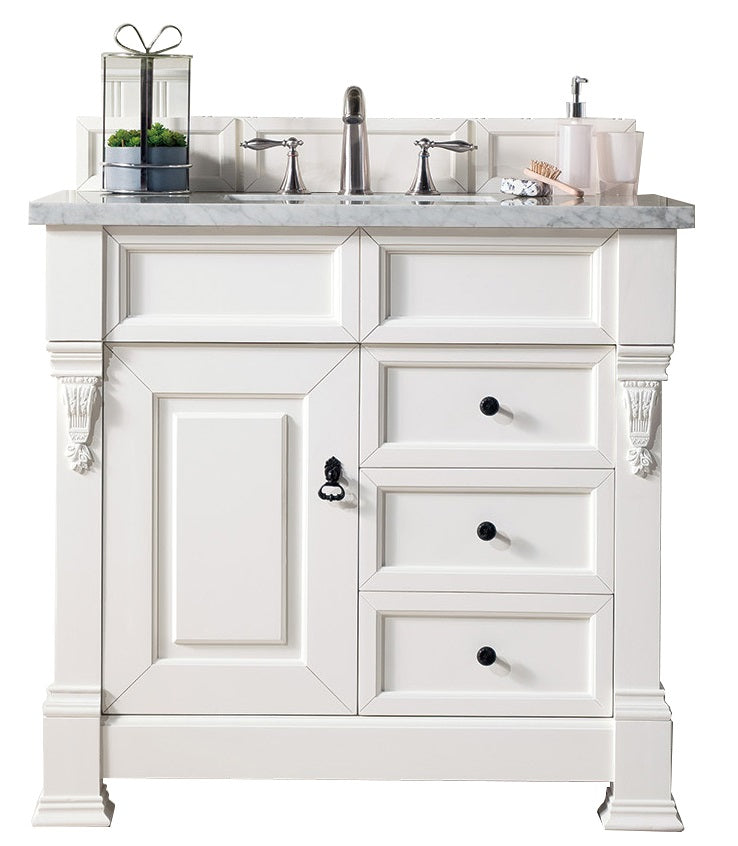 Brookfield 36" Single Vanity, Bright White w/ 3 CM Carrara Marble Top