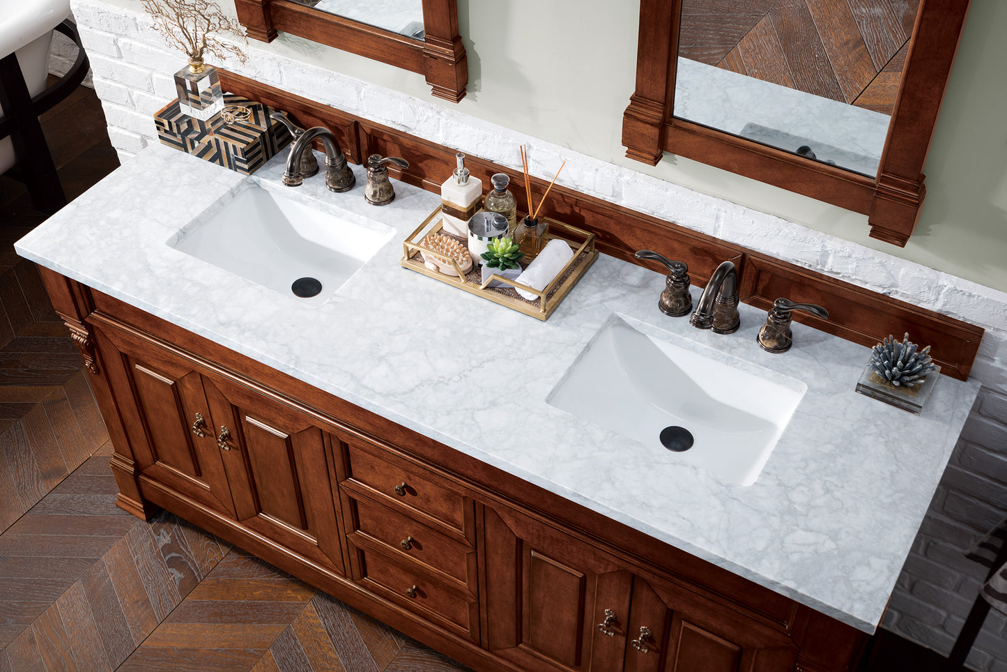 Brookfield 72" Double Vanity, Warm Cherry w/ 3 CM Carrara MarbleTop