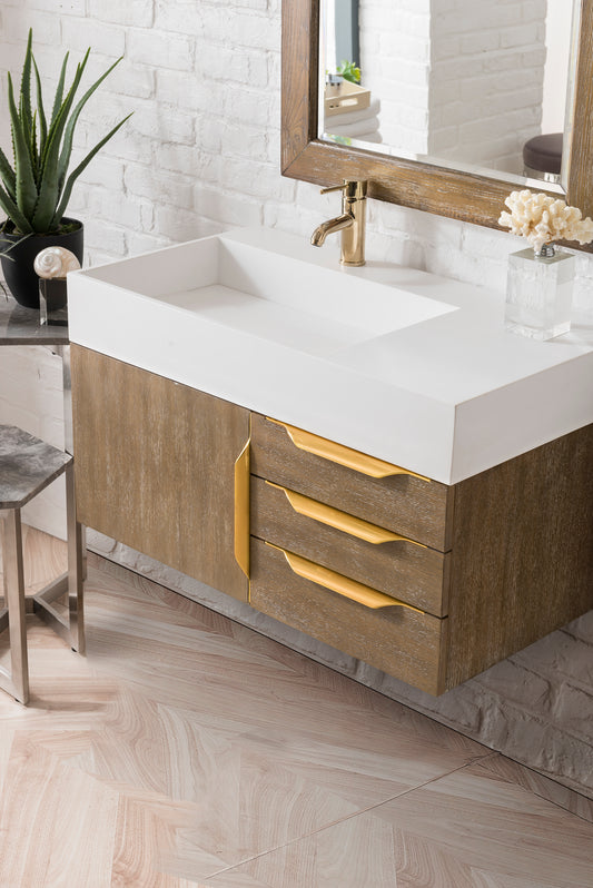 Mercer Island 36" Single Vanity, Latte Oak, Radiant Gold w/ Glossy White Composite Stone Top