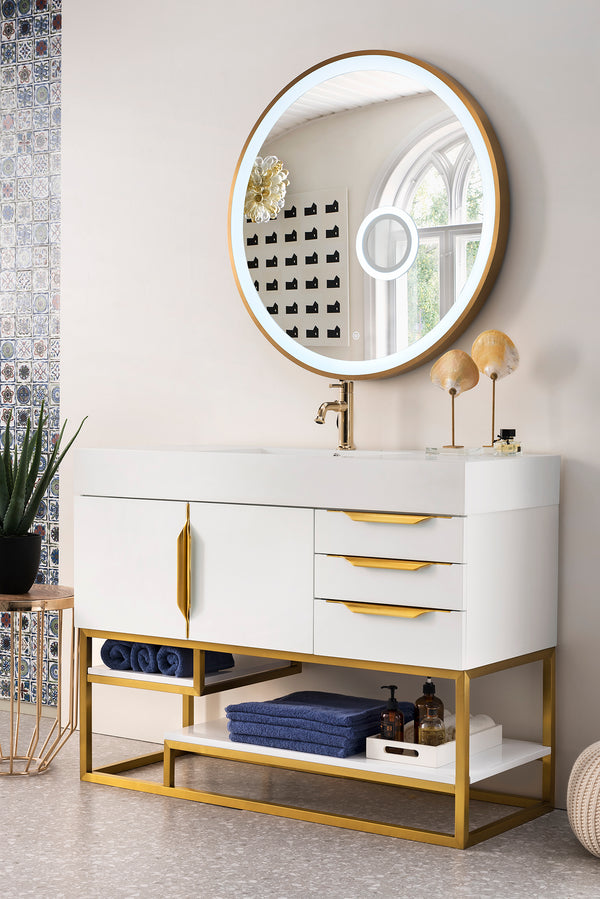 Columbia 48 Single Vanity, Glossy White, Radiant Gold w/ Glossy White Composite Stone Top