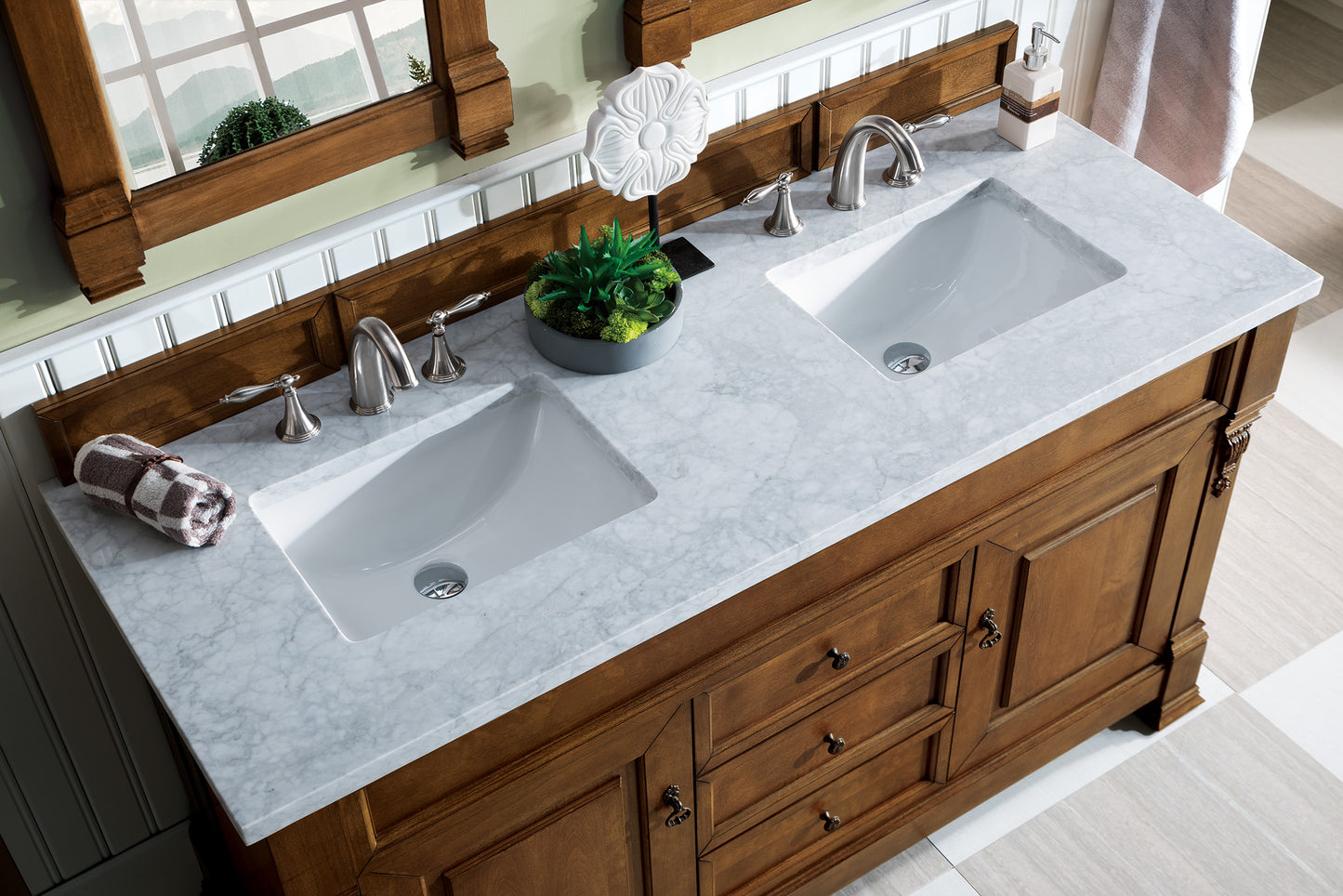 Brookfield 60" Double Vanity, Country Oak w/ 3 CM Carrara Marble Top