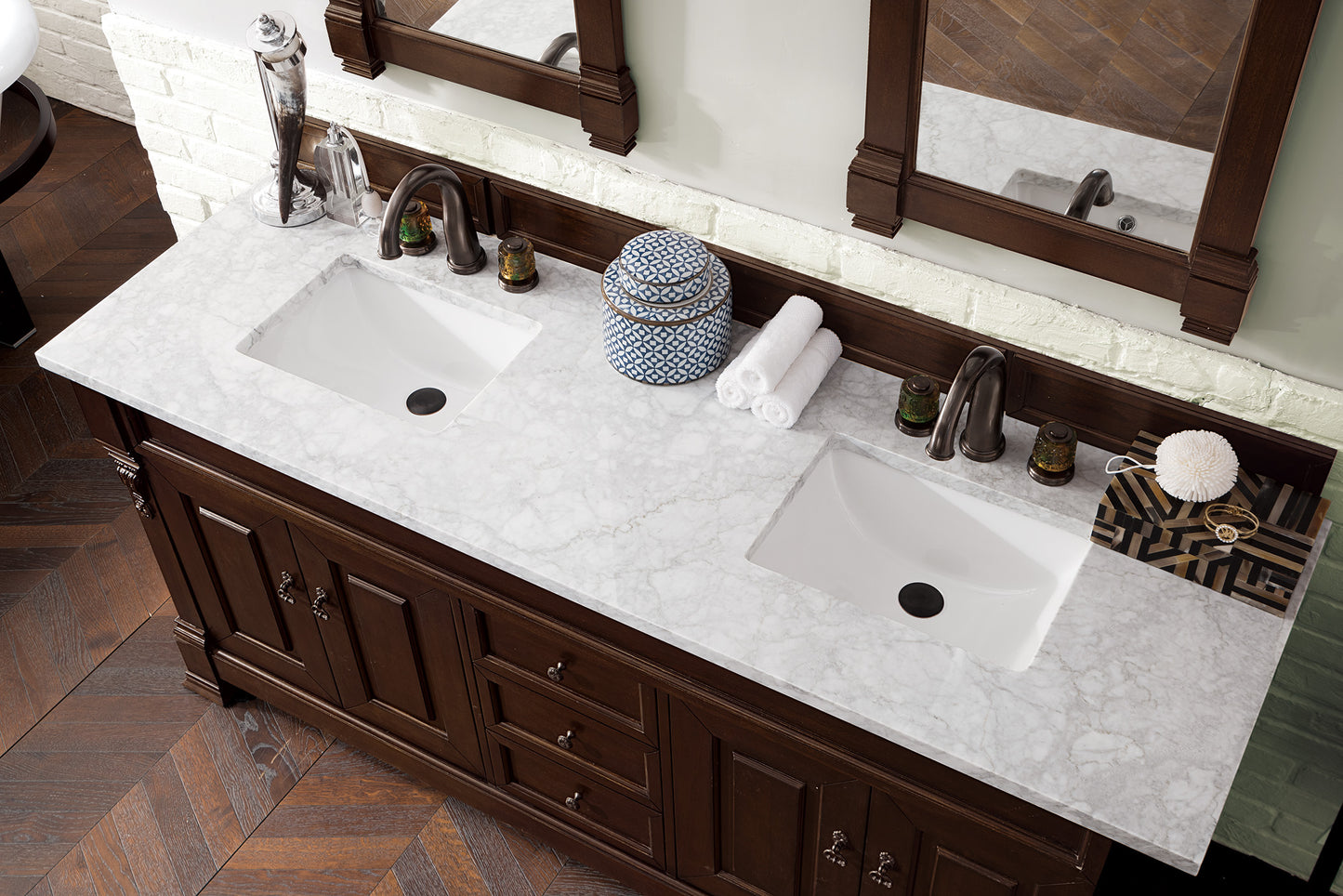 Brookfield 72" Double Vanity, Burnished Mahogany w/ 3 CM Carrara Marble Top