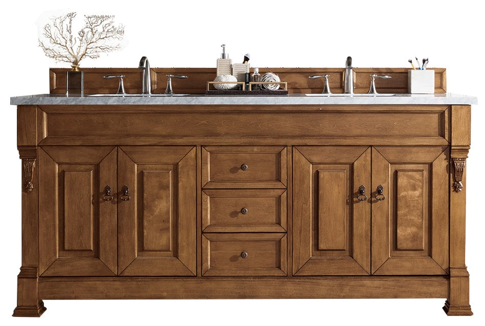 Brookfield 72" Double Vanity, Country Oak w/ 3 CM Carrara Marble Top