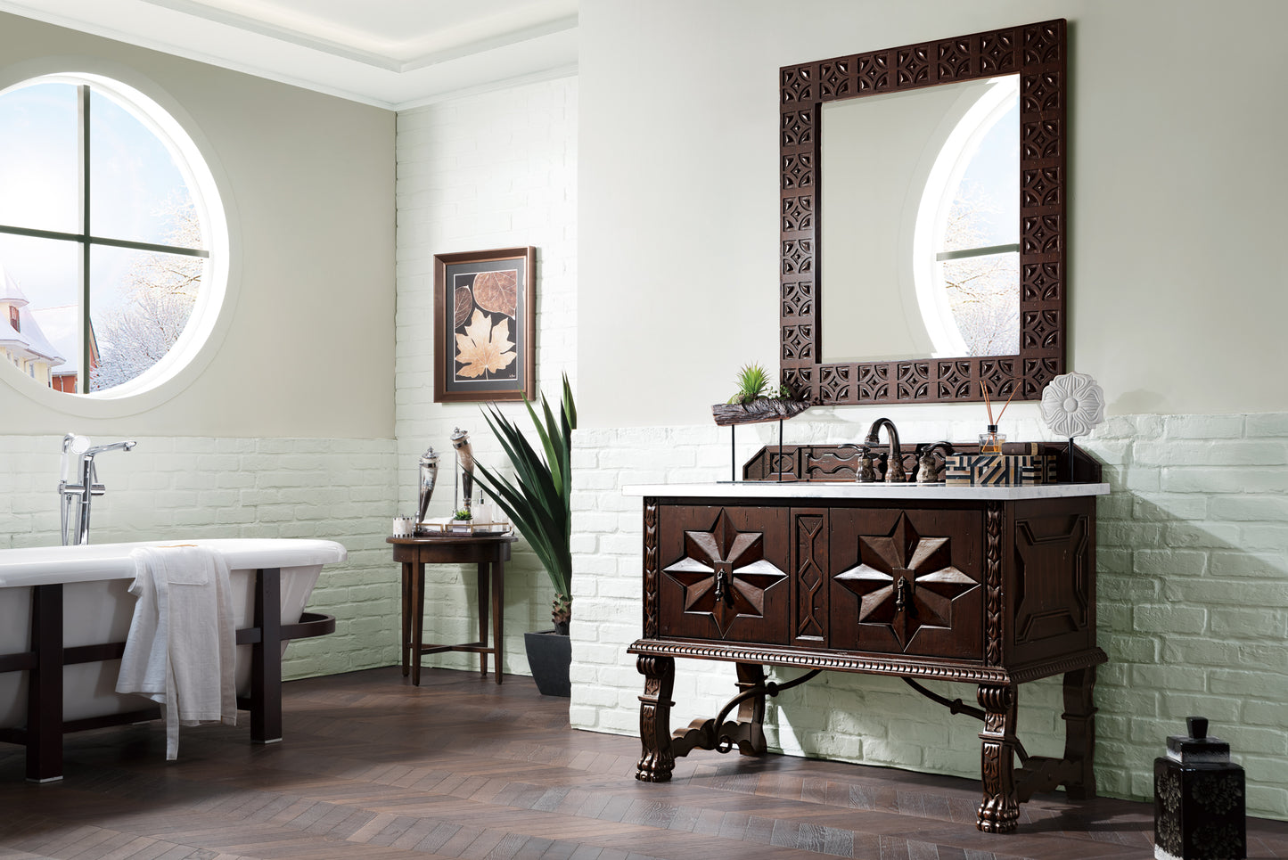 Balmoral 48" Single Vanity, Antique Walnut w/ 3 CM Arctic Fall Solid Surface Top