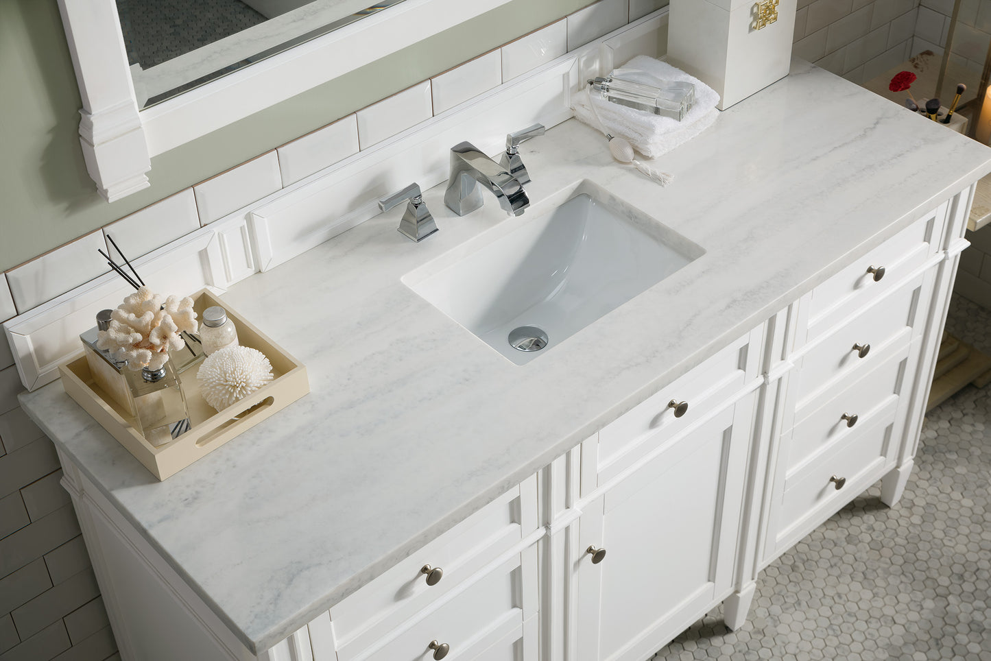 Brittany 60" Single Vanity, Bright White w/ 3 CM Arctic Fall Solid Surface Top