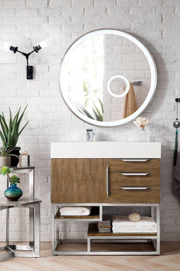 Columbia 36 Single Vanity, Latte Oak w/ Glossy White Composite Stone Top