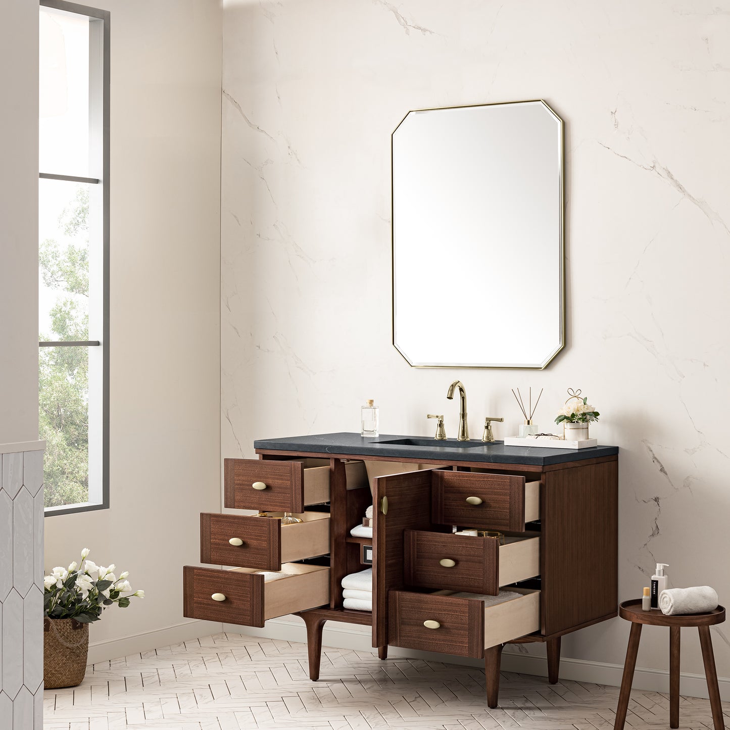 Amberly 48" Single Vanity, Mid-Century Walnut w/ 3 CM Charcoal Soapstone Top