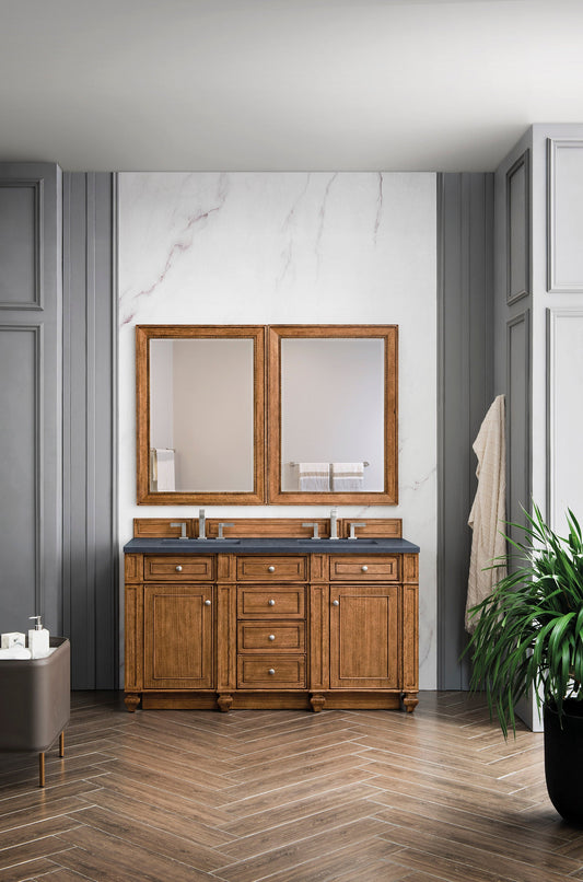 Bristol 60" Double Vanity, Saddle Brown w/ 3 CM Charcoal Soapstone Quartz Top