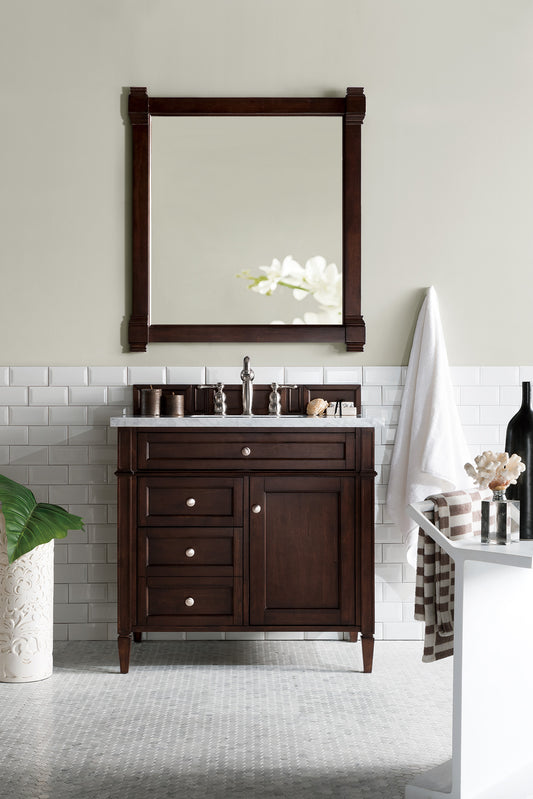 Brittany 36" Single Vanity, Burnished Mahogany w/ 3 CM Carrara Marble Top