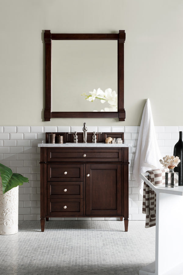 Brittany 36 Single Vanity, Burnished Mahogany w/ 3 CM Carrara Marble Top