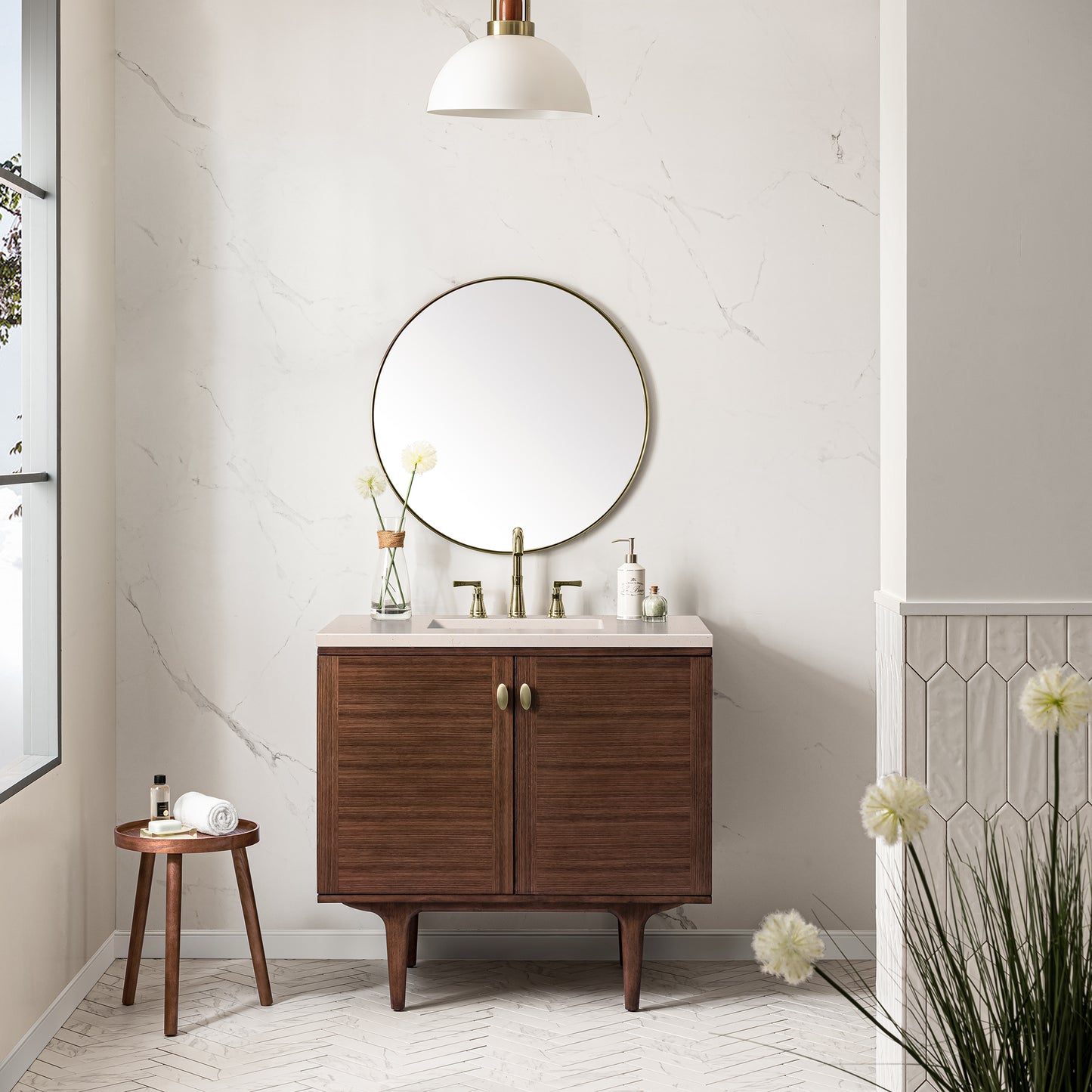 Amberly 36" Single Vanity, Mid-Century Walnut w/ 3 CM Eternal Marfil Top