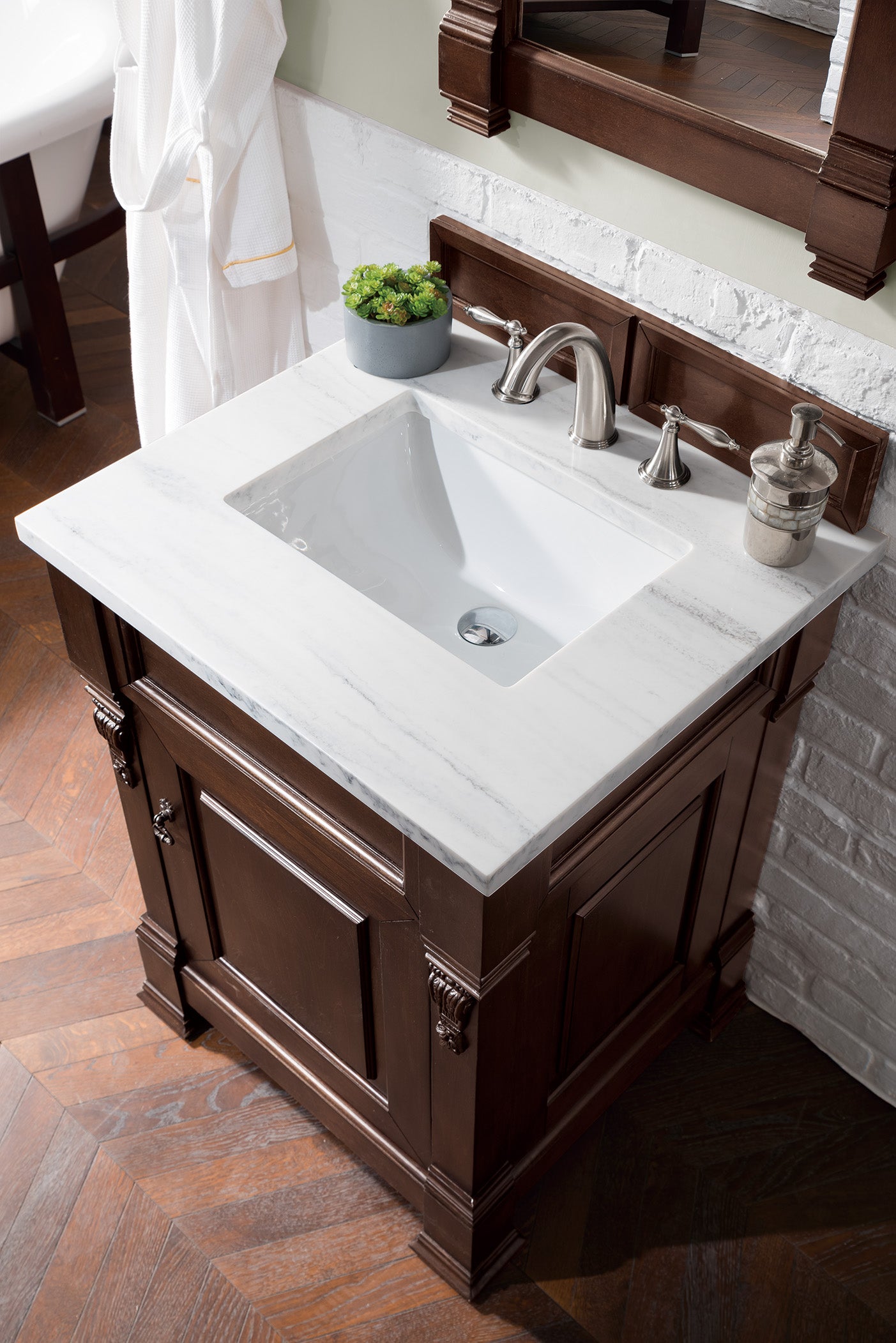 Brookfield 26" Single Vanity, Burnished Mahogany w/ 3 CM Arctic Fall Solid Surface Top