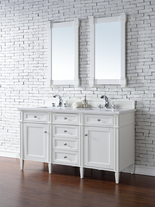 Brittany 60" Double Vanity, Bright White Vanity w/ 3 CM White Zeus Quartz Top