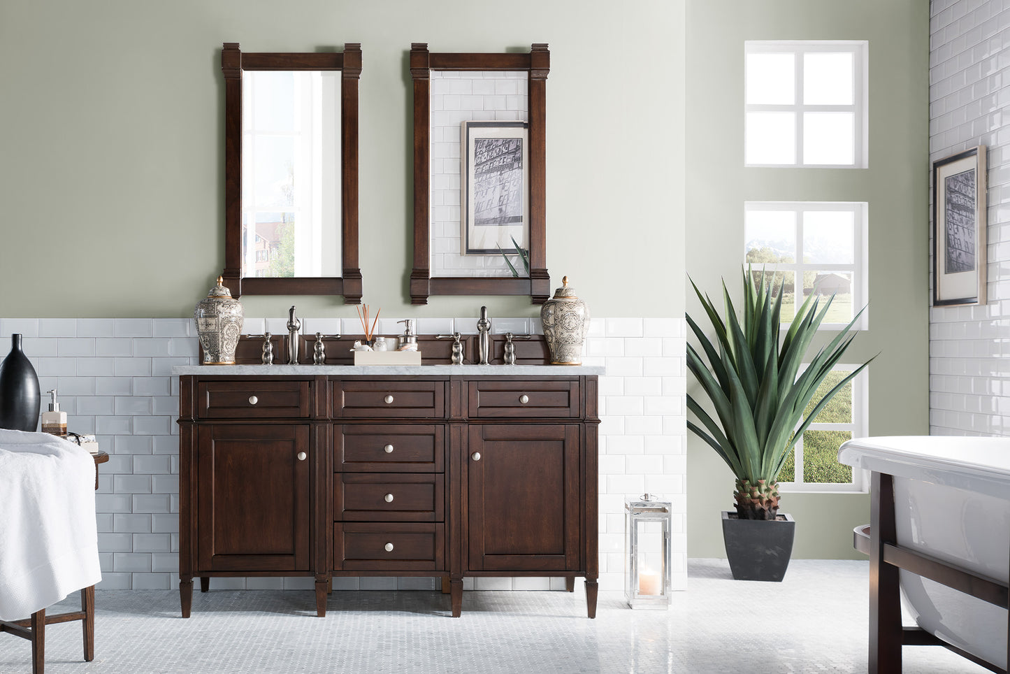 Brittany 60" Double Vanity, Burnished Mahogany w/ 3 CM Carrara Marble Top