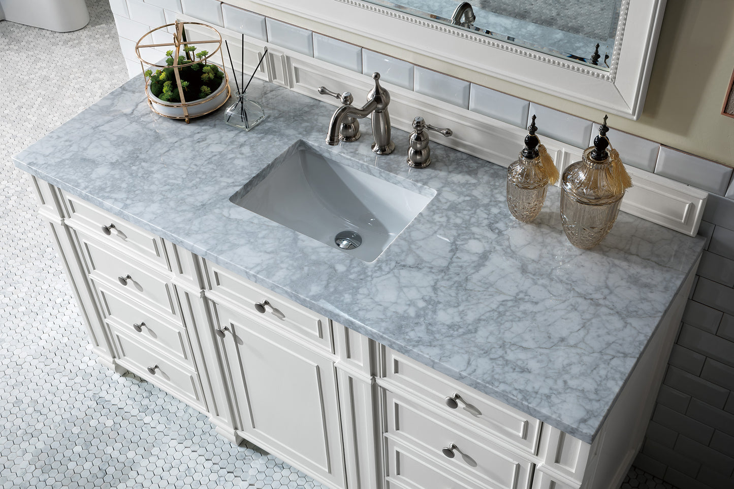 Bristol 60" Single Vanity, Bright White w/ 3 CM Carrara Marble Top