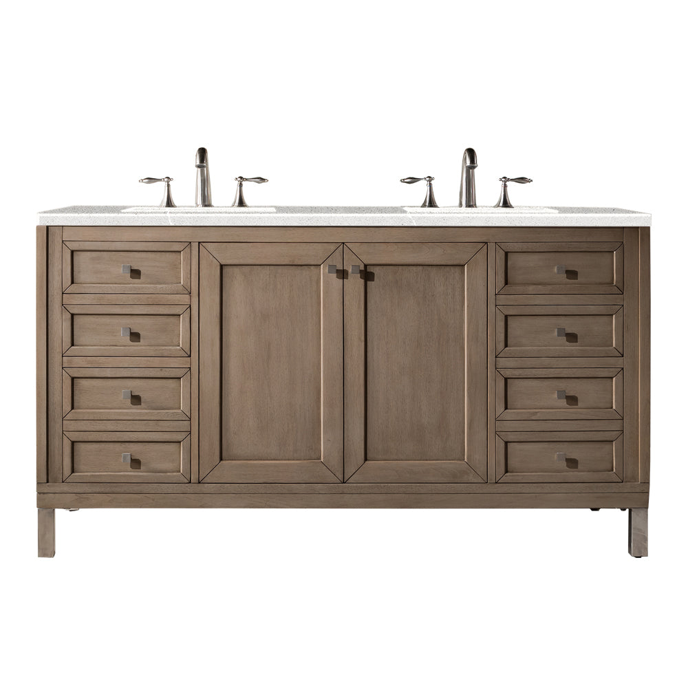 Chicago 60" Double Vanity, Whitewashed Walnut w/ 3 CM Eternal Serena Quartz Top